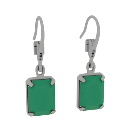 Emerald Earrings product viz 3D model, turntable hero render, with clean topology and PBR shading on the earring.