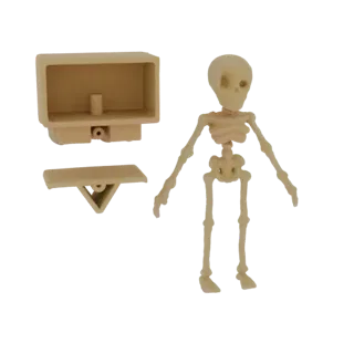 Modèle 3D d'un squelette humain miniature debout à côté d'une armoire médicale beige et d'un petit plateau, sur fond blanc.