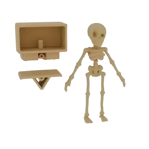 Modèle 3D d'un squelette humain miniature debout à côté d'une armoire médicale beige et d'un petit plateau, sur fond blanc.