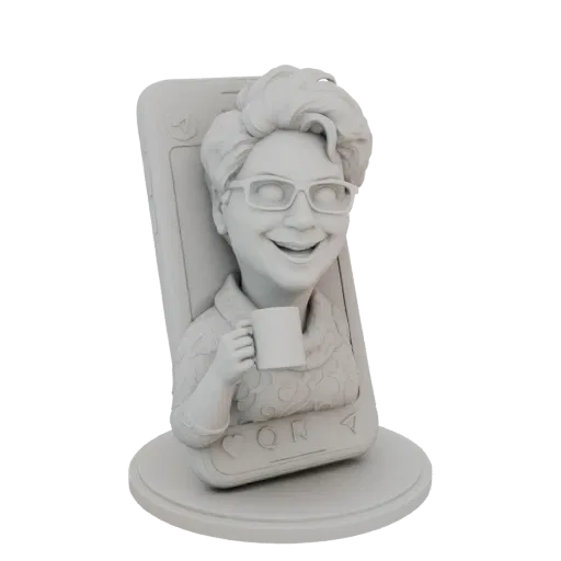 3D model of a cheerful social media influencer bust with glasses, holding a mug, on a smartphone-themed base.