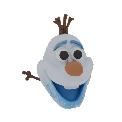 Modelo 3D de la cabeza del muñeco de nieve Olaf de "Frozen" con una gran sonrisa y ojos expresivos
