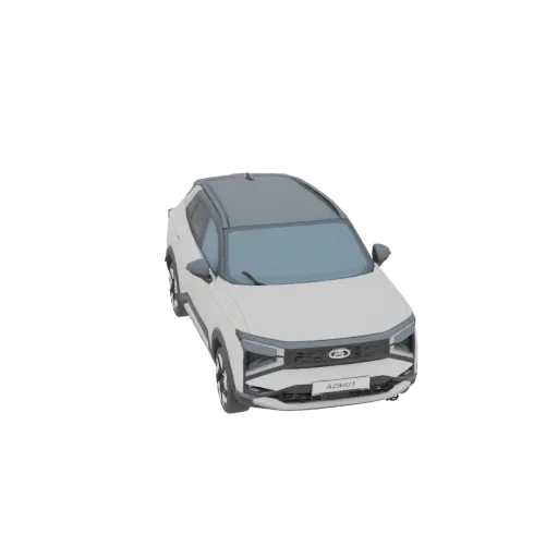 Um modelo 3D de um SUV moderno branco com teto preto, visto de um ângulo frontal ligeiramente elevado contra um fundo preto.