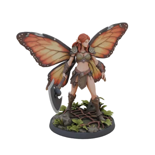 3D model of a warrior fairy with red hair, butterfly wings, and an axe, standing on a forest base.