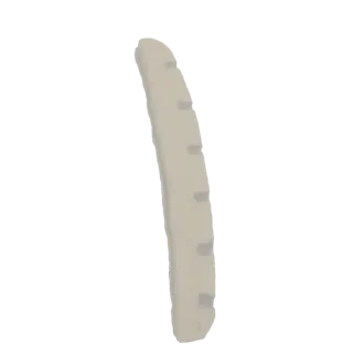 Rendu 3D d'un fragment d'os courbé avec plusieurs rainures parallèles le long de sa longueur, présenté sur un fond blanc.
