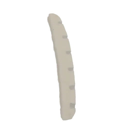 Rendu 3D d'un fragment d'os courbé avec plusieurs rainures parallèles le long de sa longueur, présenté sur un fond blanc.