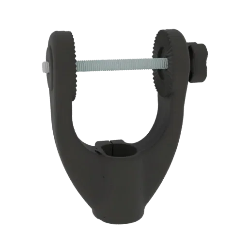 Modelo 3D de uma braçadeira em U escura e ajustável com parafuso roscado e parafuso borboleta serrilhado para aperto.