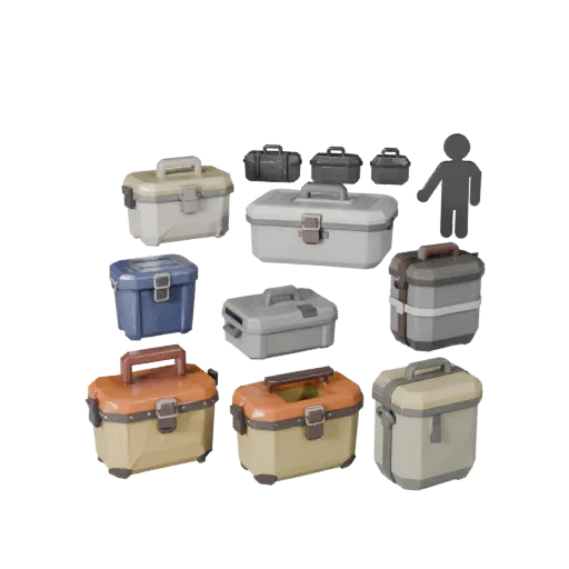 Utility Toolbox Low Poly 3D model, game viewport three-quarter view, showing plastic, usable openings.