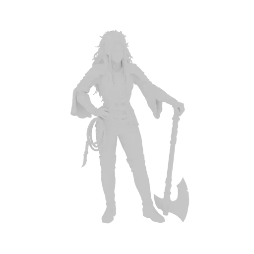 3D-Modell-Render einer Fantasy-Kriegerin mit langen Haaren, Rüstung und einer großen Axt.