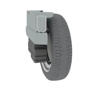 3D model of a car's suspension system, showing shock absorbers, springs, and a tire with tread, against a white background.