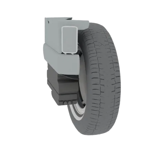Modèle 3D du système de suspension d'une voiture, montrant les amortisseurs, les ressorts et un pneu avec bande de roulement,