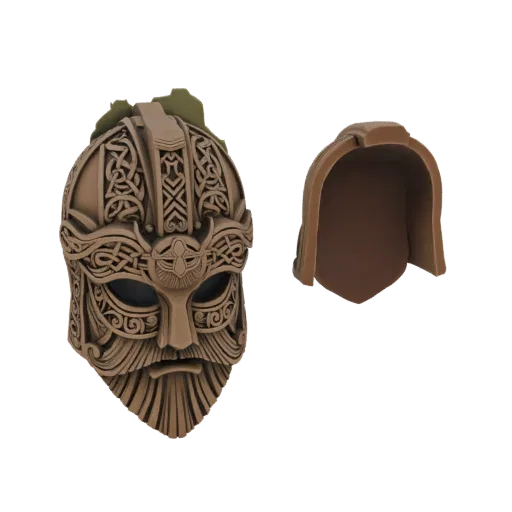 Modelo 3D de um capacete viking detalhado com barba e capuz separado, apresentado em fundo branco.