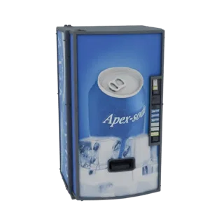 3D-Modell eines Apex Soda Verkaufsautomaten mit blauer Front, Eiswürfeln und großer Getränkedosen-Grafik.