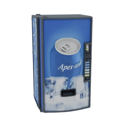 موديل ثلاثي الأبعاد لآلة بيع صودا Apex بواجهة زرقاء، مكعبات ثلج، ورسم كبير لعلبة صودا.