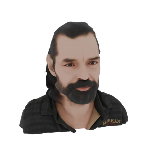 3D model render of a man with a dark beard and a plaid shirt, looking towards the viewer.