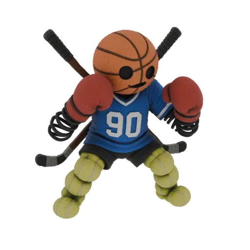 3D model of a sports mascot character with a basketball head, red boxing gloves, blue jersey with '90', and legs made of tenn