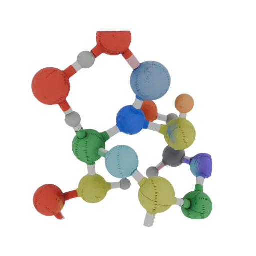 Modello 3D High Poly Set Molecola Cristallo, rendering studio ravvicinato, mostra sfere colorate, layout molecola.