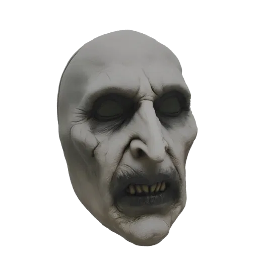 A 3D model render of a pale, grey zombie mask with a grimacing expression, hollow eyes, and bared teeth, set against a black