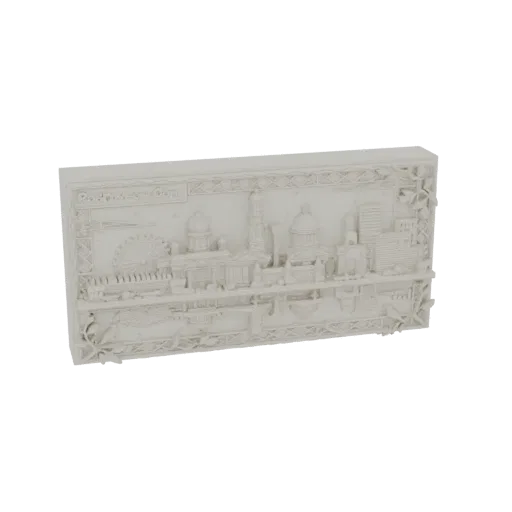 3D model of the Rostov-on-Don skyline in bas-relief, featuring iconic buildings and decorative framing.