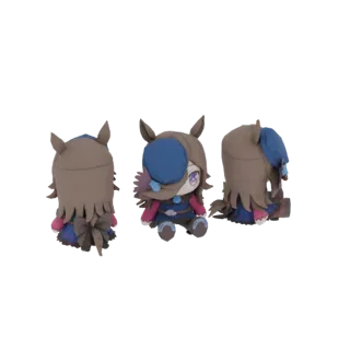 Modello 3D di un peluche di ragazza cavallo chibi, mostrato da diverse angolazioni, con orecchie da cavallo, un berretto blu