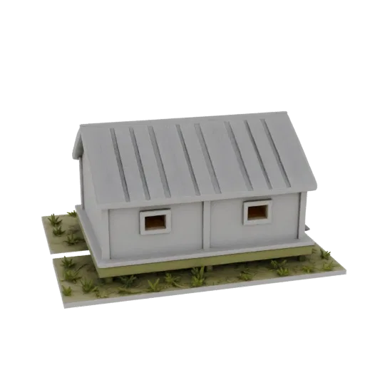 Modèle 3D de maison russe modulaire imprimé, avec détails de toit, murs et fondations.