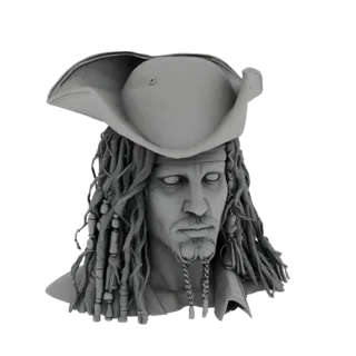 3D model bust of Captain Jack Sparrow wearing his tricorn hat and dreadlocks, with intricate facial details.