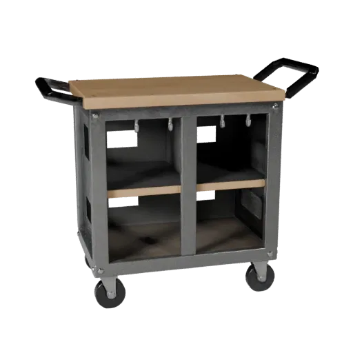 Mechanic Tool Cart Low Poly 3D model, game viewport three-quarter view, showing steel frames, stable fixtures.