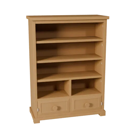 Shaker Bookshelf Low Poly 3D model, dining room, game viewport three-quarter view, painted wood detail.