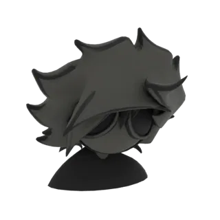 Un rendering 3D di un'acconciatura anime scura stilizzata con ciocche appuntite e affilate e una finitura lucida, vista da un