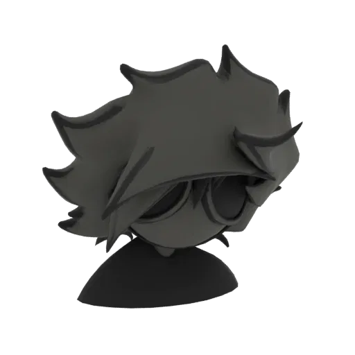 A 3D render of a stylized dark anime hairstyle with sharp, spiky strands and a glossy finish, viewed from a slight angle.