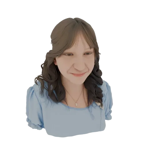Render del modello 3D di una giovane donna con capelli castani mossi e un abito blu chiaro, che sorride gentilmente.