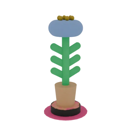 A 3D render of a stylized blue flower with yellow accents, a green stem, and a terracotta pot, set against a white background