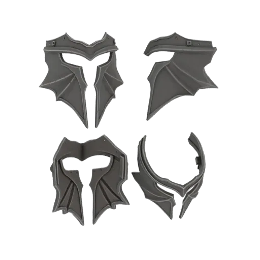 3D model of a dark, gothic-style helmet with dragon wing pauldrons, presented from multiple angles.