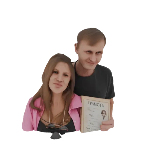 3D model of a smiling couple, a man and a woman, holding a certificate together, with the woman wearing a pink jacket.
