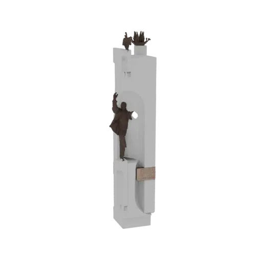 3D model of 'The Ascent Sculpture,' a tall, white abstract structure with bronze-colored figures climbing its side.