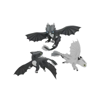 A 3D render of three stylized baby dragons in flight, one dark grey with blue eyes, one light grey with green eyes, and one w