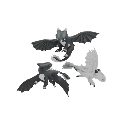 A 3D render of three stylized baby dragons in flight, one dark grey with blue eyes, one light grey with green eyes, and one w