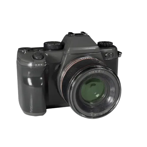 Mirrorless Instant Camera 3D model, three-quarter front view, Unity viewport, showing textured grips, lens barrels.
