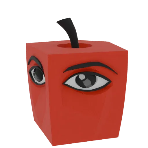 Uma renderização 3D de um cubo vermelho em forma de maçã, apresentando olhos grandes e estilizados em seus lados e um caule p