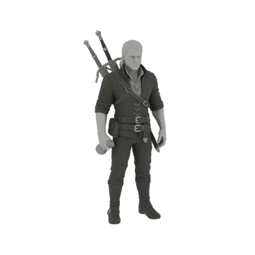 3D model of Geralt of Rivia, the White Wolf, standing with swords on his back and a potion vial in hand.