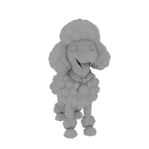 3D model of a cute, stylized poodle named Zephyr with fluffy fur, a happy expression, and a collar, against a white backgroun