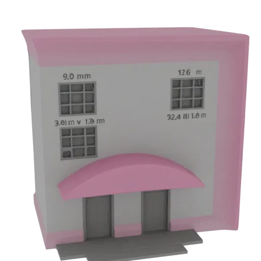Modèle 3D bâtiment moderne avec deux portes, fenêtres et auvent rose semi-circulaire