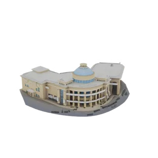 Modèle 3D d'un bâtiment civique moderne avec un grand dôme en verre et des colonnes classiques, sur fond blanc.