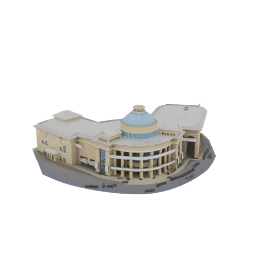 3D-Modell eines modernen Bürgerhauses mit großer Glaskuppel und klassischen Säulen vor weißem Hintergrund.