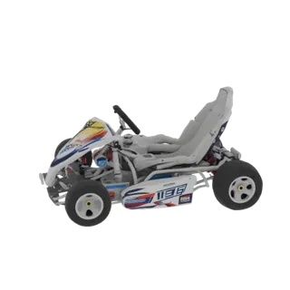 Modèle 3D d'un kart de course blanc avec décalcomanies bleues et rouges, vu de côté.