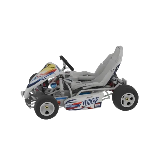 3D model of a white racing kart with blue and red decals, viewed from the side.