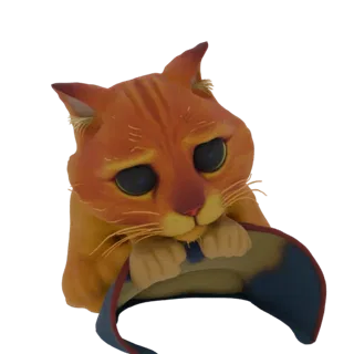 3D model of Puss in Boots from Shrek, looking up with large, sad, pleading eyes and holding his hat.