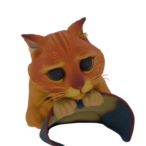 3D-Modell von Gestiefelter Kater aus Shrek, der mit großen, traurigen, flehenden Augen nach oben schaut und seinen Hut hält.