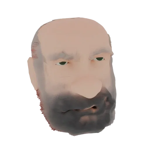 3D render of a stylized bald man bust with a detailed, textured beard, facing slightly to the right.