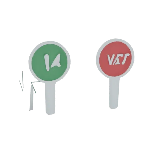3D model of two round voting paddles, one green with '14' and one red with 'VAT', on white handles.