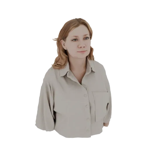 3D model of a woman with light brown hair wearing a beige button-up shirt, looking to the side.